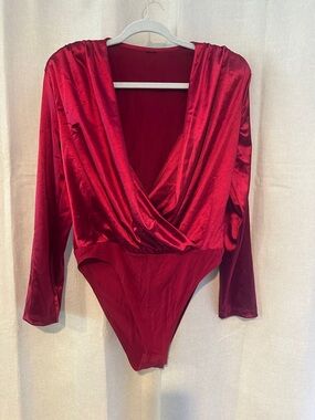 Red Satin Surplice Long-Sleeve Bodysuit